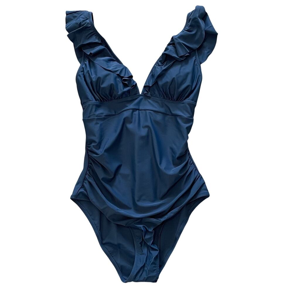 New Cupshe Ruffle Dark Blue One Piece Swimsuit, Ruching, Size M